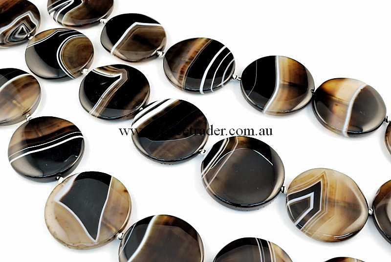 Agate - 38mm Circle Black Banded Agate Bead in 10 Pcs a Strand