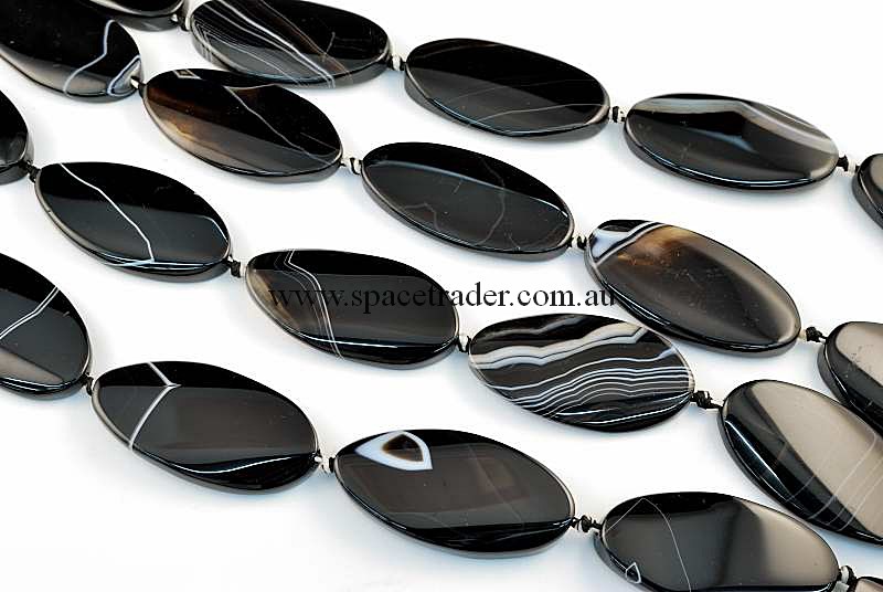 Agate - 25x50mm Oval Black Banded Agate Bead in 8 Pcs a Strand