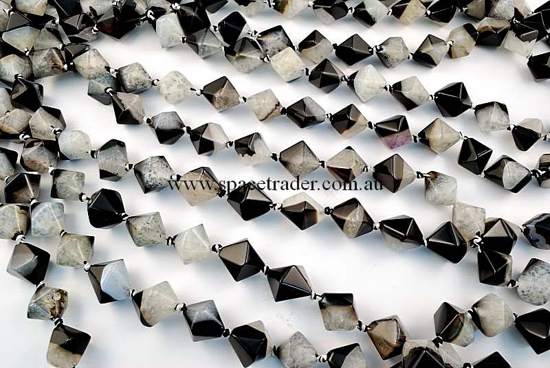 Agate - 16x16mm Faceted Bicone Black Banded Agate with Inclusion Bead in 20 Pcs a Strand