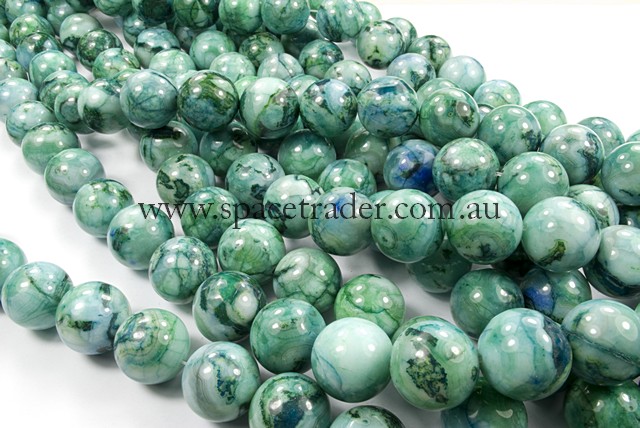 12mm Plain Round Dyed Green White Crazy Lace Agate Bead - 40cm strands